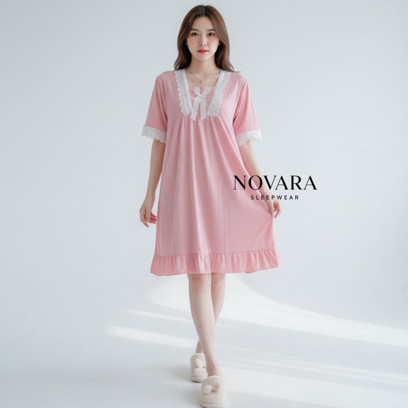 NOVARA Daster Wanita Variasi Lace Pita Babydoll Lengan Pendek | Piyama Wanita Daster Mini Renda Leng