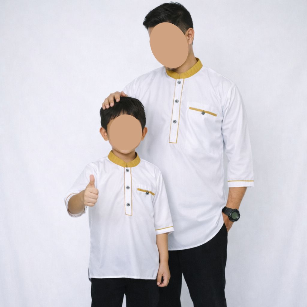 Baju Koko Kurta Pria Couple Ayah dan Anak laki laki Lengan 3/4 Bahan Toyobo Royal Mix warna putih mu