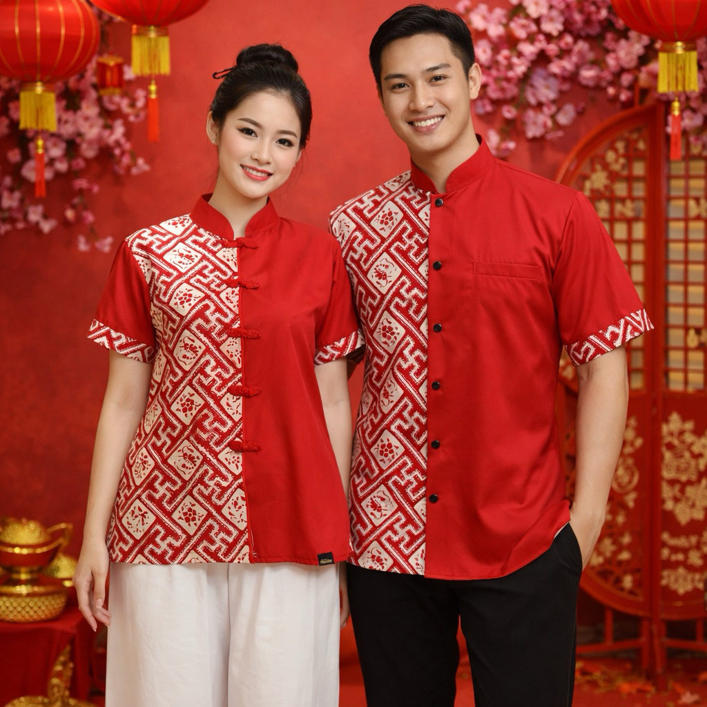 Baju Imlek Couple Batik Merah | Atasan Cheongsam Wanita & Kemeja Pria | Baju Tahun Baru Cina Premium