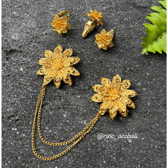 Set Bros Rantai Alpaka Kancing Bunga Kenari Cerorot / lapis emas 24 karat / alpaka perak bali / akse