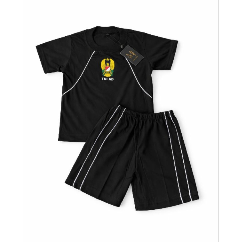 Baju Setelan Anak TNI AD Terbaru - Kaos Olahraga Anak Hitam List Putih