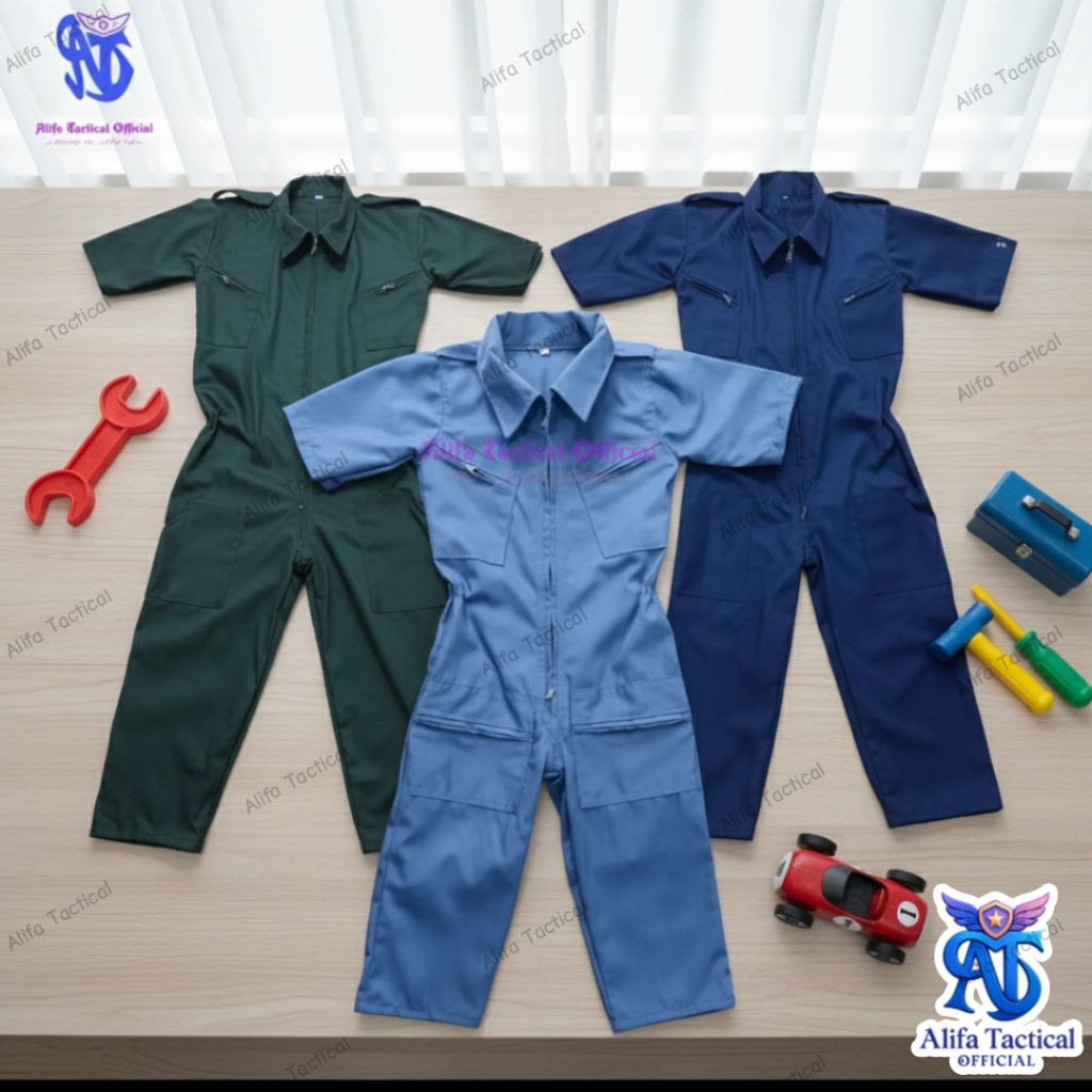 Baju profesi Anak Montir Bengkel Wearpack Mekanik Anak Lengan Pendek