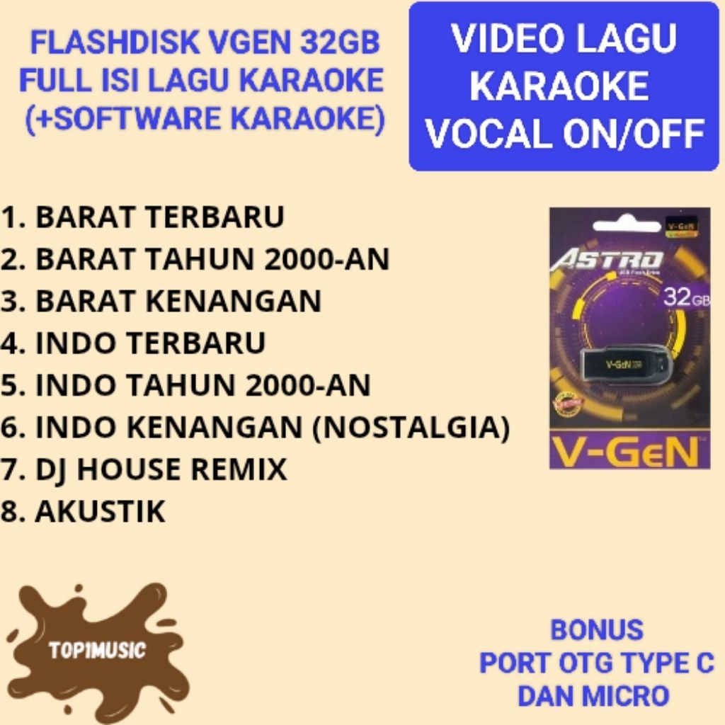 flashdisk vgen 32GB isi lagu karaoke player lagu barat
