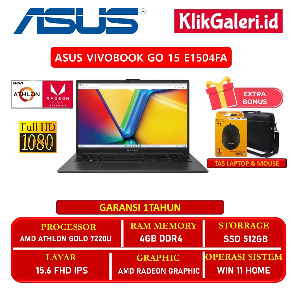 Laptop Pelajar Asus Vivobook Go 15 E1504FA Amd Athlon Gold 7220U 4GB DDR5 512GB Win11Home