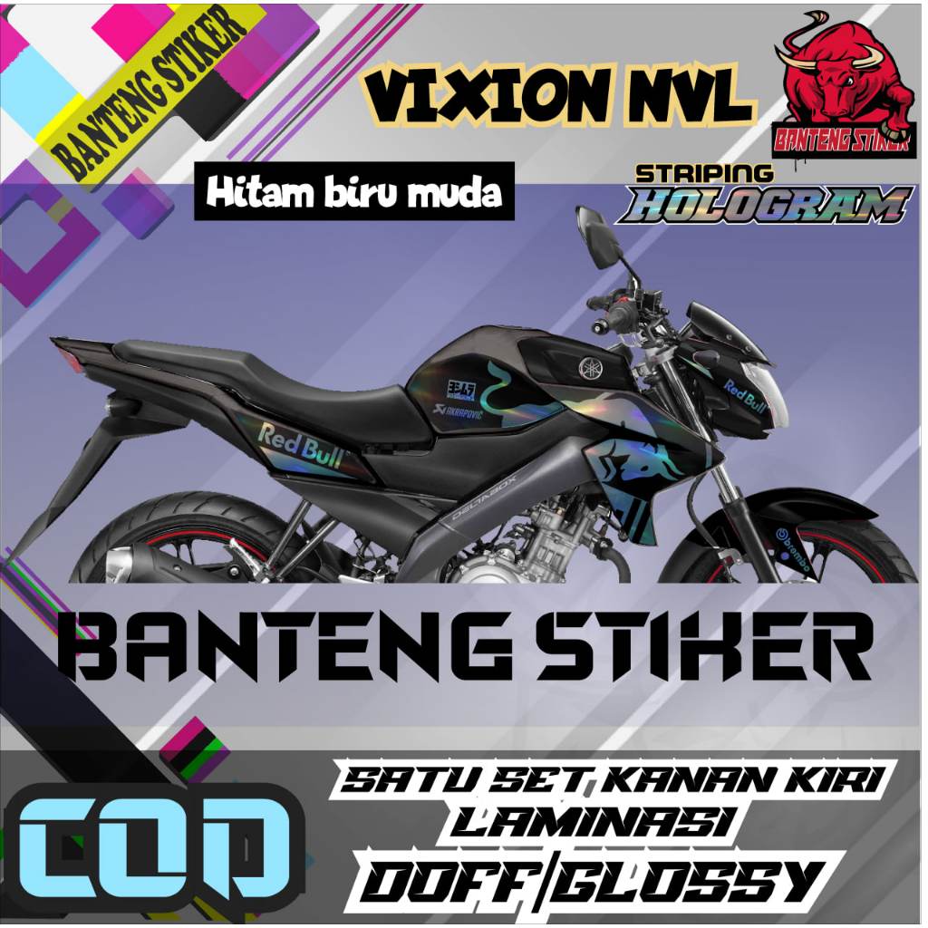 Stiker striping variasi sepeda motor VIXION NVL "new vixion lighting" motif redbull bahan hologram(m