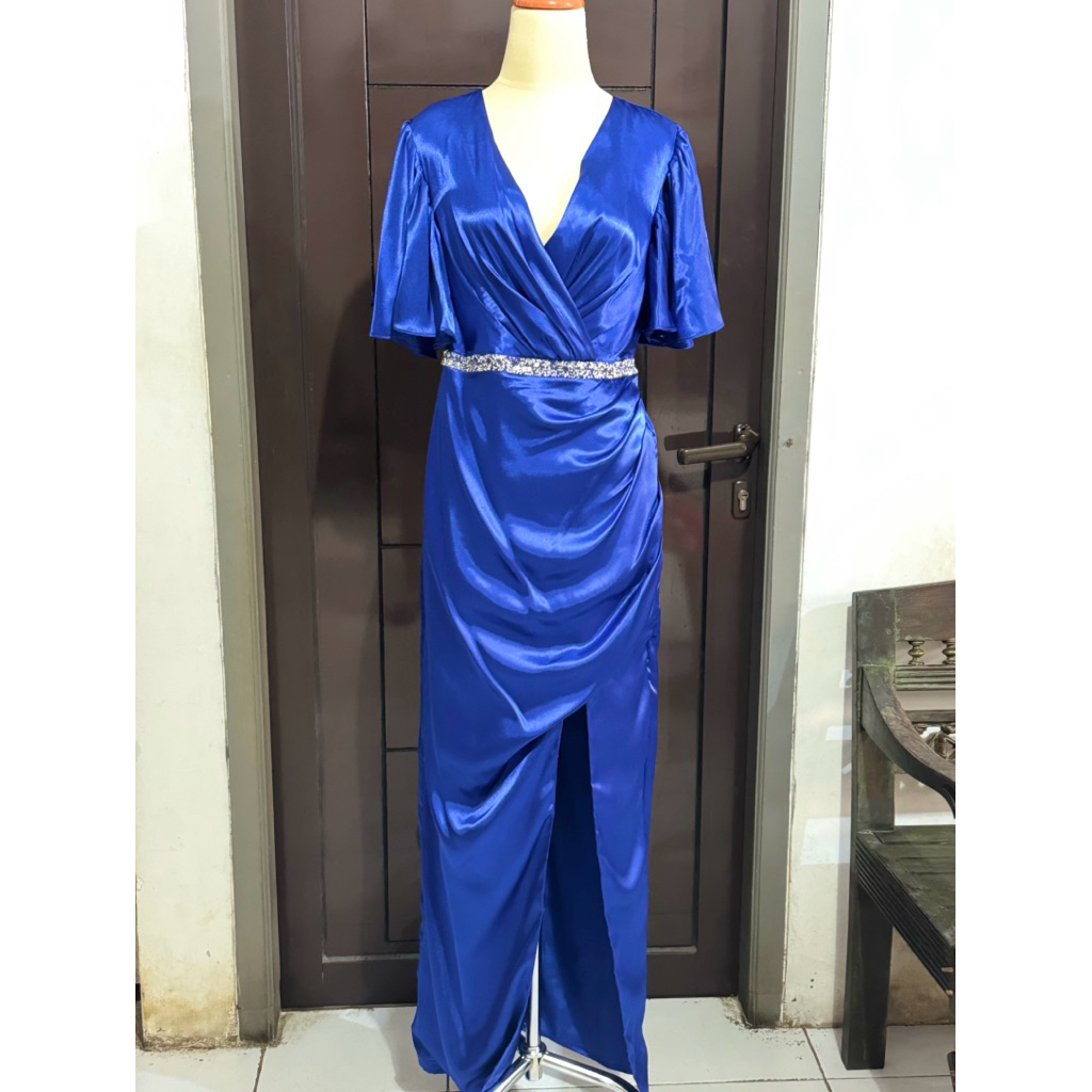 Long Dress Satin Biru Birel - mewah- gaun pesta