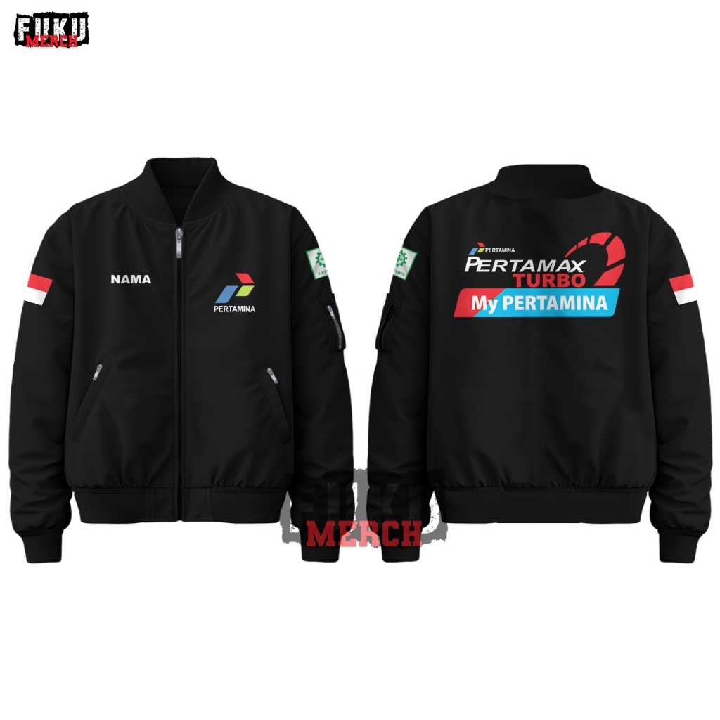 Jaket Bomber Pria Waterproof Custom Nama Spbu My Pertamina Pertamax Turbo Taslan Hitam