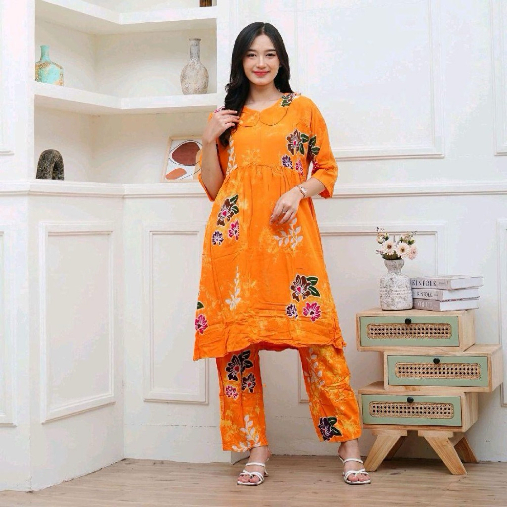 Laurella - Setelan Celana Panjang Tunik Safira Motif Daun Batik Pekalongan Putri Dania Muslim Nyaman