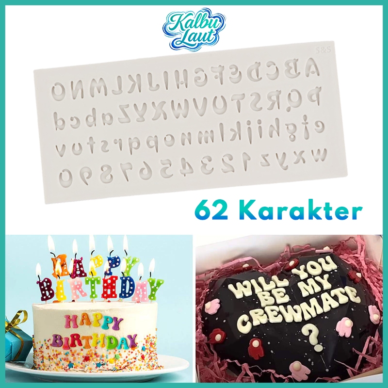 Papan Cetakan Silikon 3D Huruf Latin Angka Arab 62 Karakter Font Lucu Resin Aromaterapi Fondant DIY