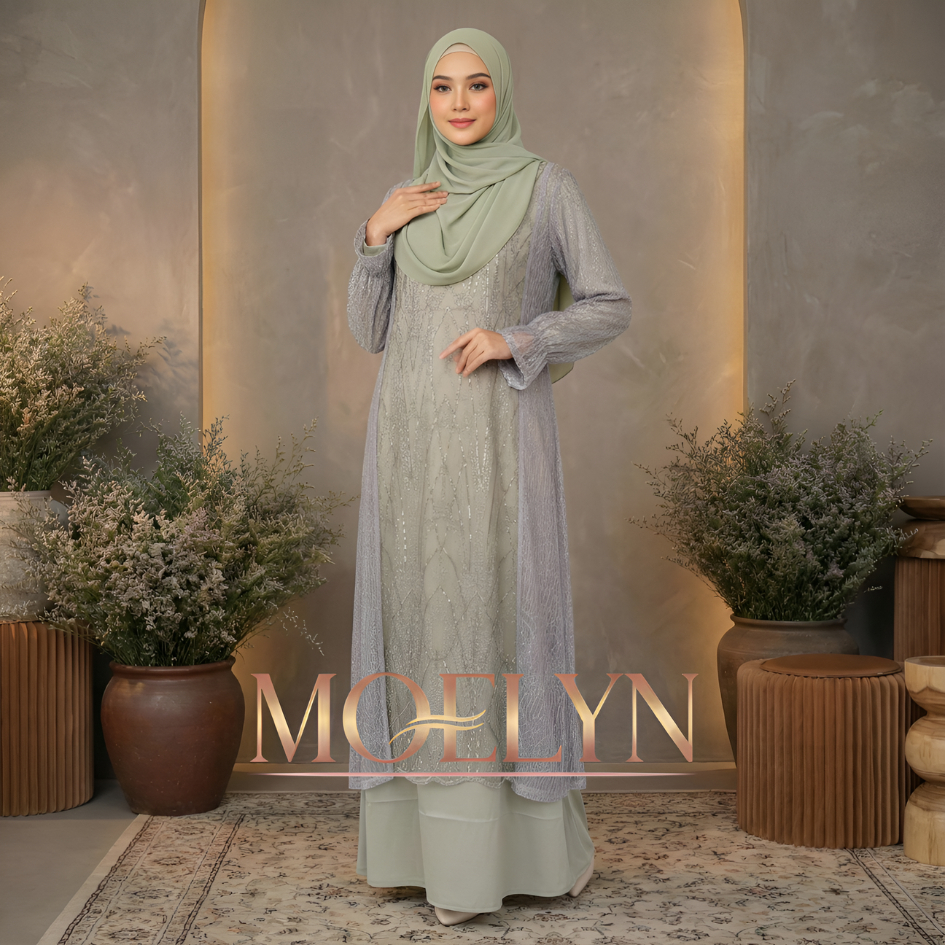 MOELYN - GAMIS LEBARAN Wanita ( ALLEA SAGE ) Dress Mewah | Gaun Pesta Maxy Silk Brokat Payet Elegan 
