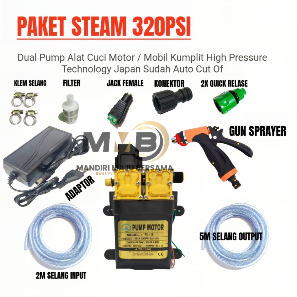 MESIN POMPA AIR DC 12V 320 PSI / ALAT CUCI STIM MOTOR / MOBIL / AC / DUAL PUMP STEAM MOTOR LENGKAP