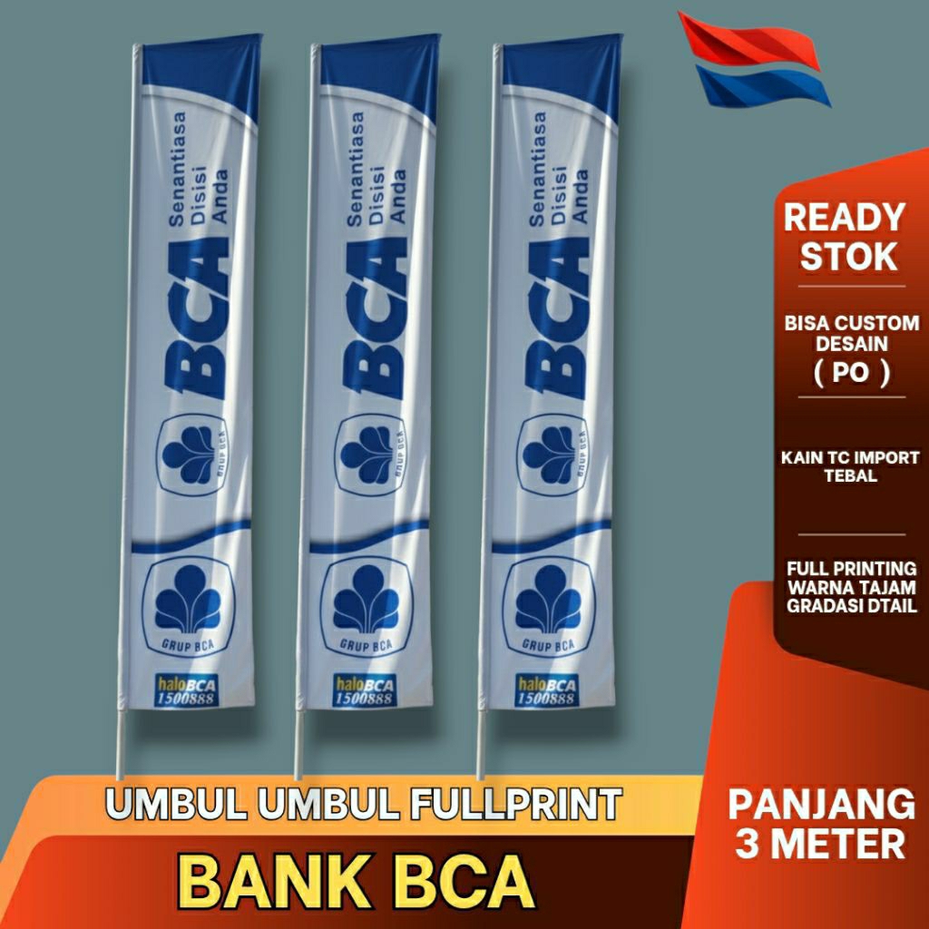 UMBUL UMBUL BANK BCA 3 METER | BENDERA AGEN BANK BCA MANDIRI BRI BTN BSI FULLPRINT BAHAN TC PREMIUM