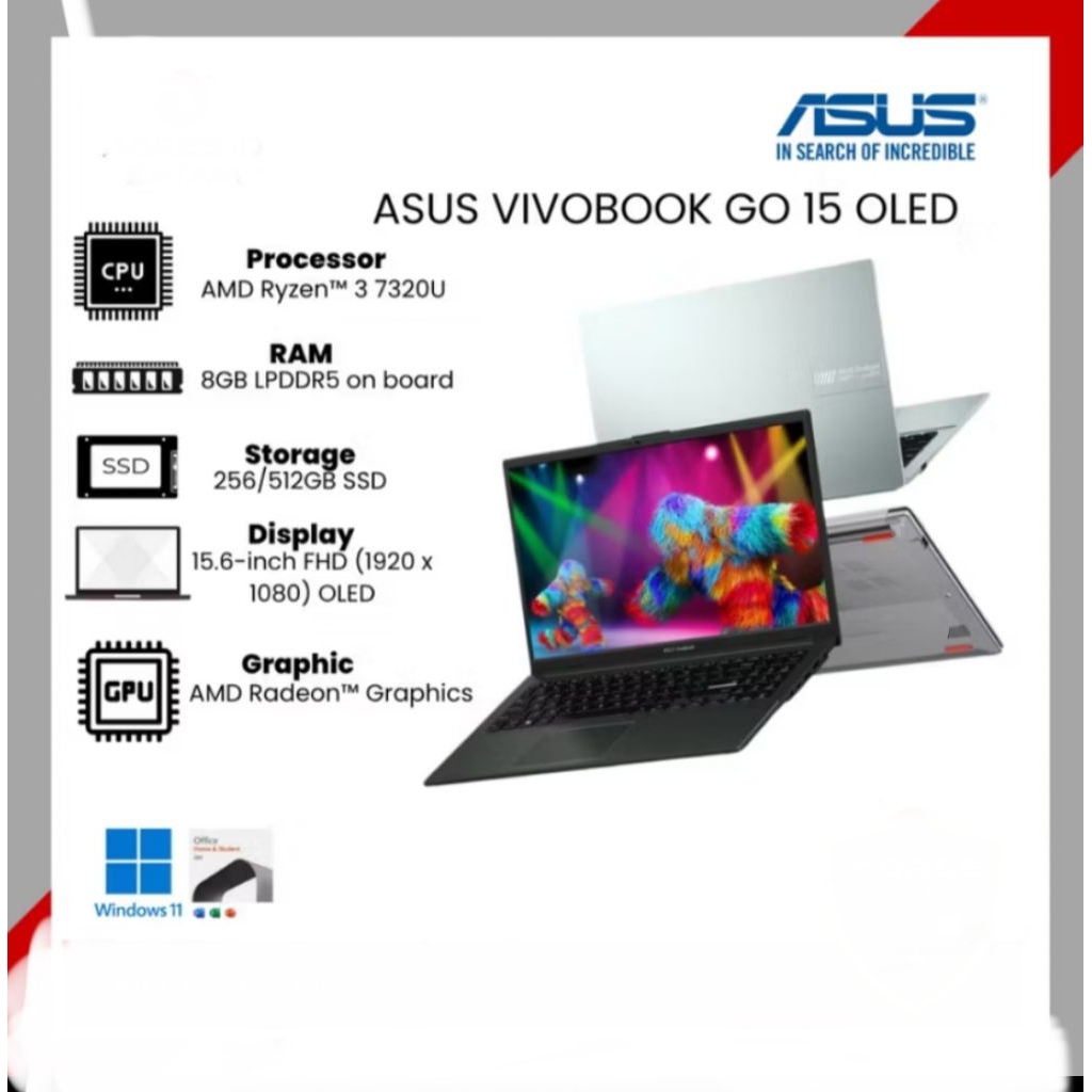 Asus Vivobook Go 15 OLED Ryzen 3 7320U | RAM 8GB SSD 512GB | MULUS