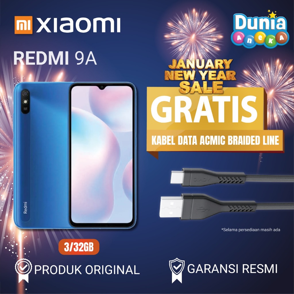 HP Xiaomi Redmi 9A RAM 3GB/ROM 32GB - Layar 6.53" - Baterai 5000mAh - BONUS Kabel Data ACMIC Braided
