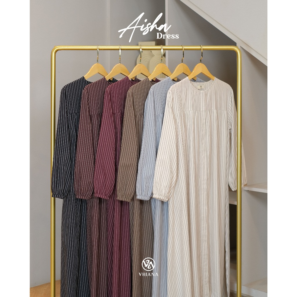 [VHIANA] AISHA DRESS//Gamis Katun Premium Motif Salur//Gamis Casual Wanita Muslim