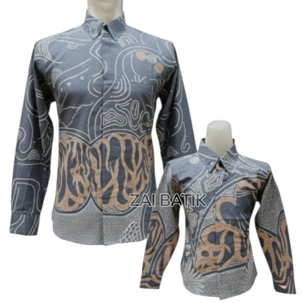Zai Batik | Kemeja Batik Katun Silver Sepasang Untuk Ayah Dan Anak Full Puring