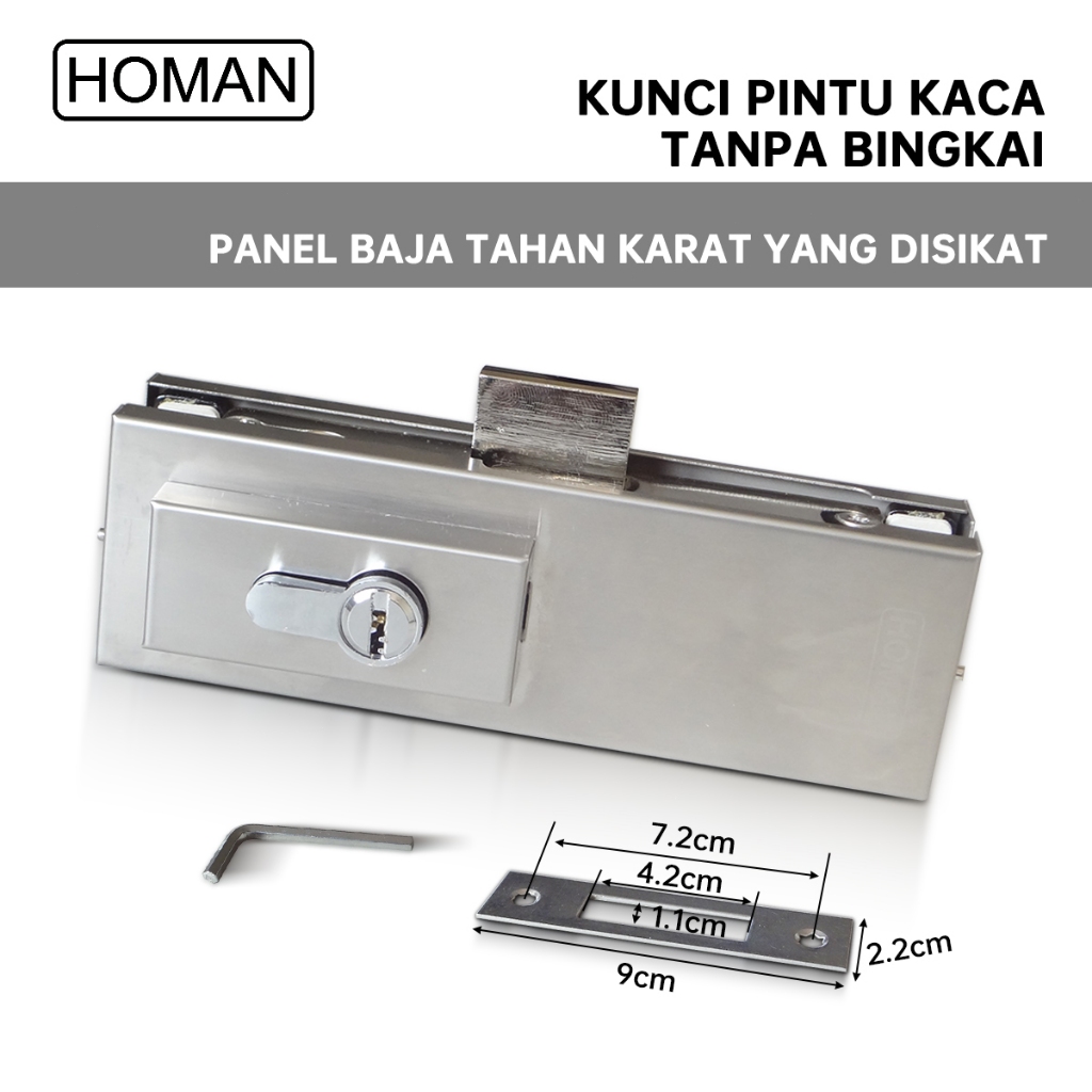 Homan 1set Sus304 Panel baja tahan karat Kunci Pintu Kaca Bawah Kunci pintu kaca