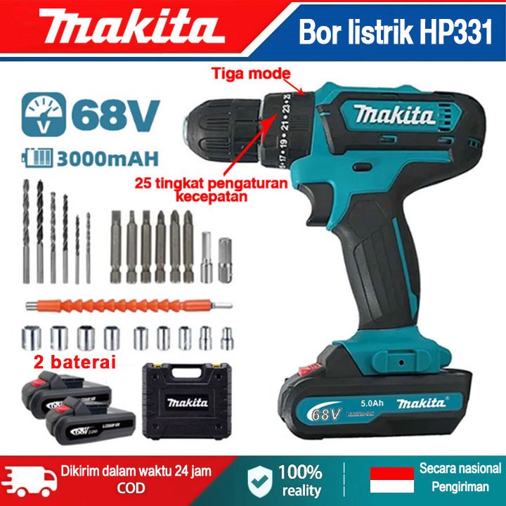 Bor Listrik Makita HP331 Bor Listrik Tanpa Kabel Bor Tangan 68V Alat Obeng Listrik Bor Impact
