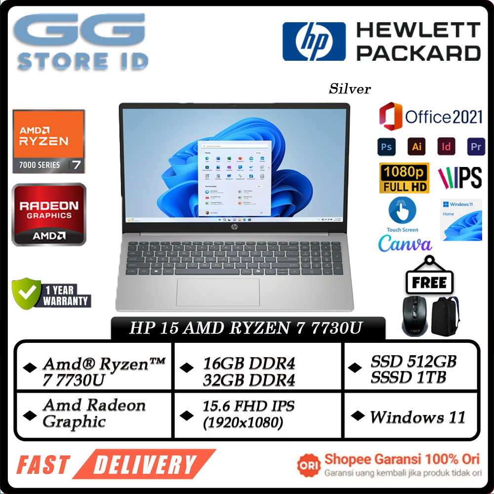 Laptop Gaming Murah HP 15 AMD Ryzen 7 7730U 32GB DDR4 1TB SSD 15.6 FHD IPS Touch Win11 Home Original