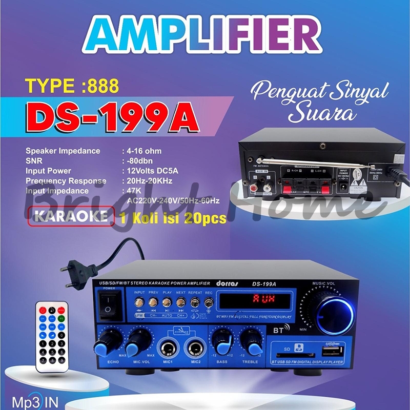 DORRAS 888 DS-199A DS199A Power Amplifier Penguat Audio Mini Stereo Karaoke Mp3 FM Radio Bluetooth U