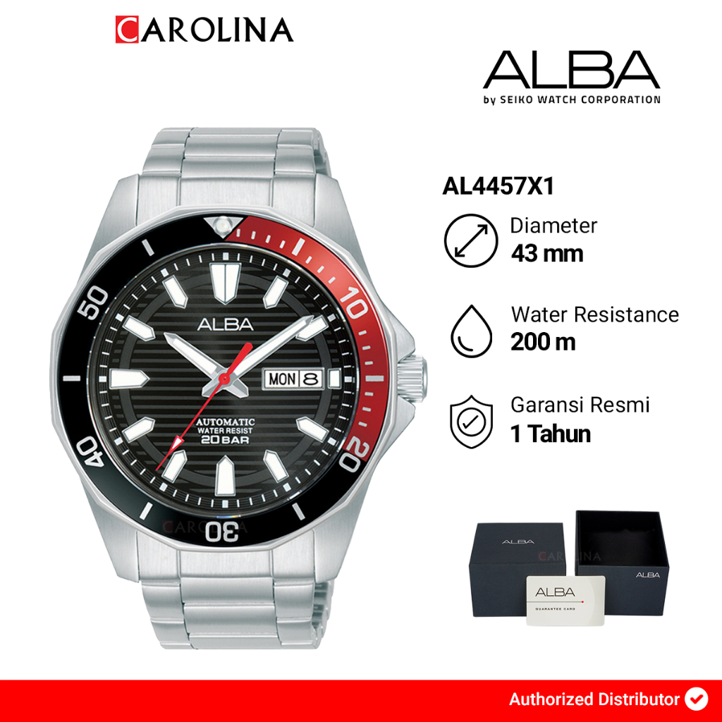 Jam Tangan Pria Alba AL4457X1 Automatic Diver Black Pattern Dial Black Red Bezel Stainless Steep Str