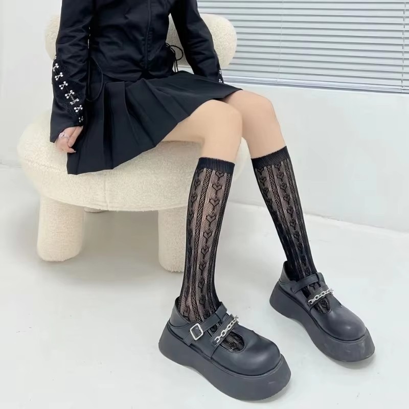 Panjang Bunga Renda Wanita Kaos Kaki Lolita Stocking Motif Nylon Hitam