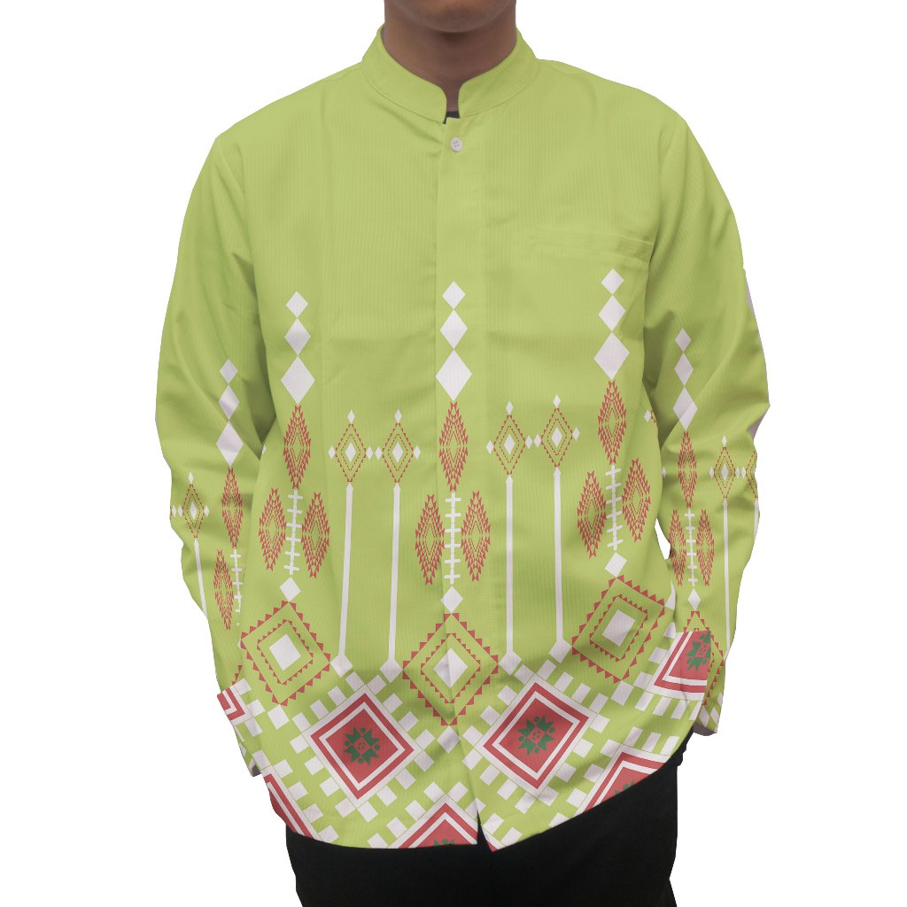 TWO SEASONS - Baju Kemeja Koko Muslim Pria Native Art 2 Hijau Muda Lengan Pendek & Lengan Panjang Cu