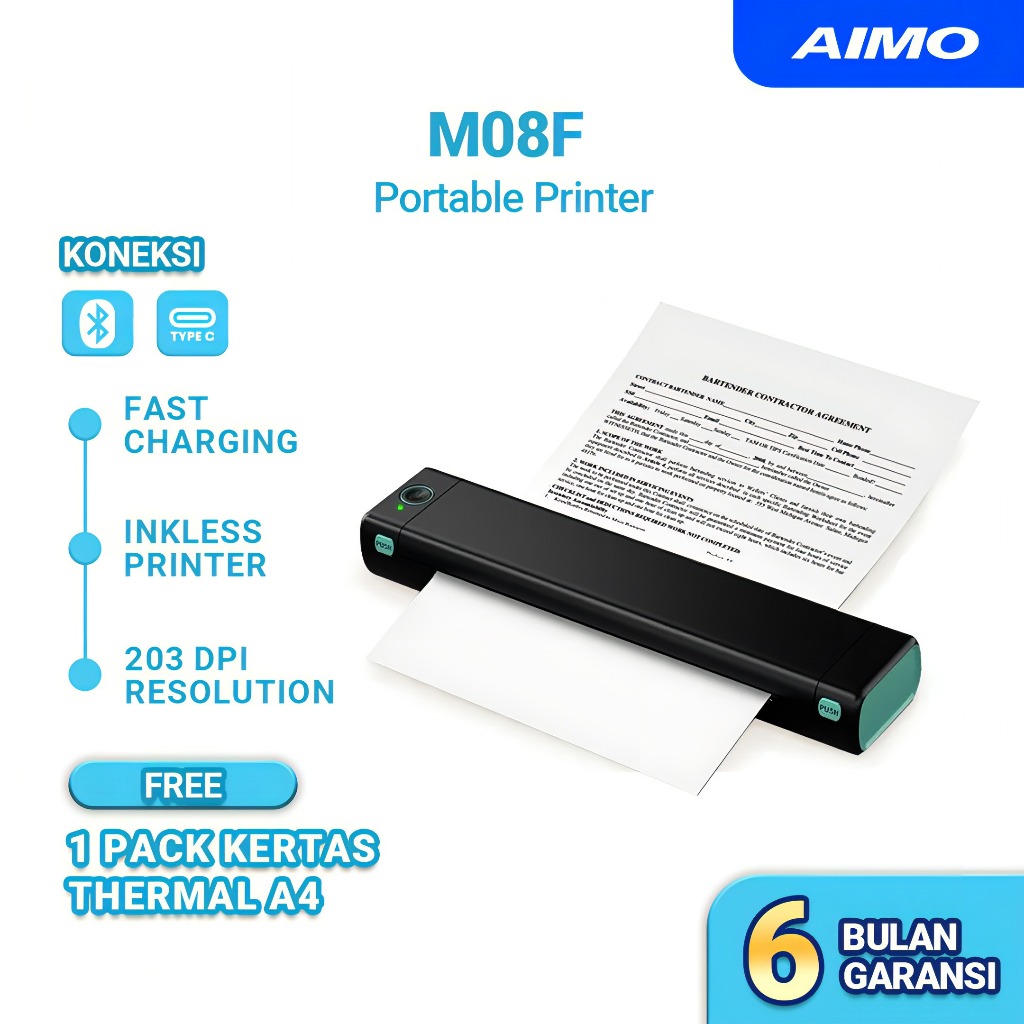 AIMO M08F Thermal Printer A4 HVS Tattoo Portable Wireless for Travel Printer Bluetooth Tanpa Tinta