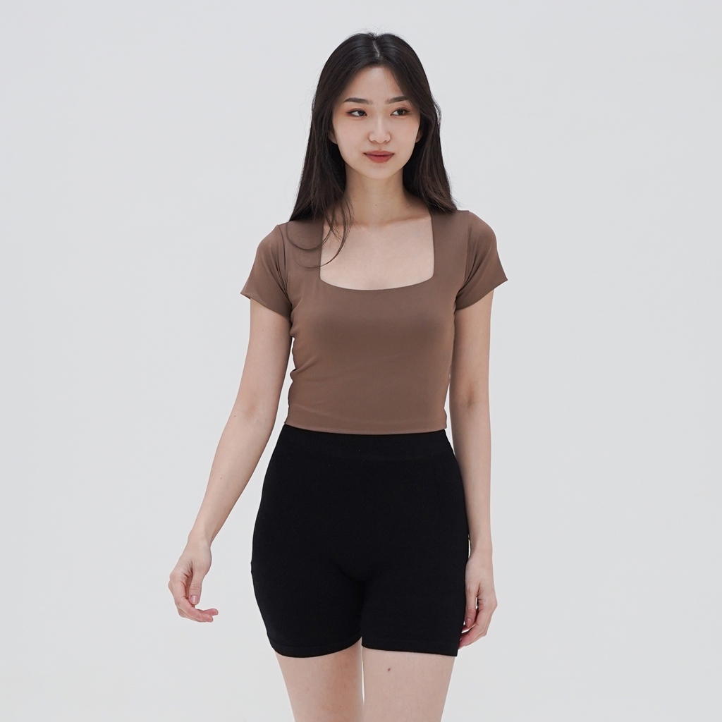 Crop Top Square Neck Baju Wanita Basic Kaos Crop Top Polos Korean Style Double Layer Kerah kotak