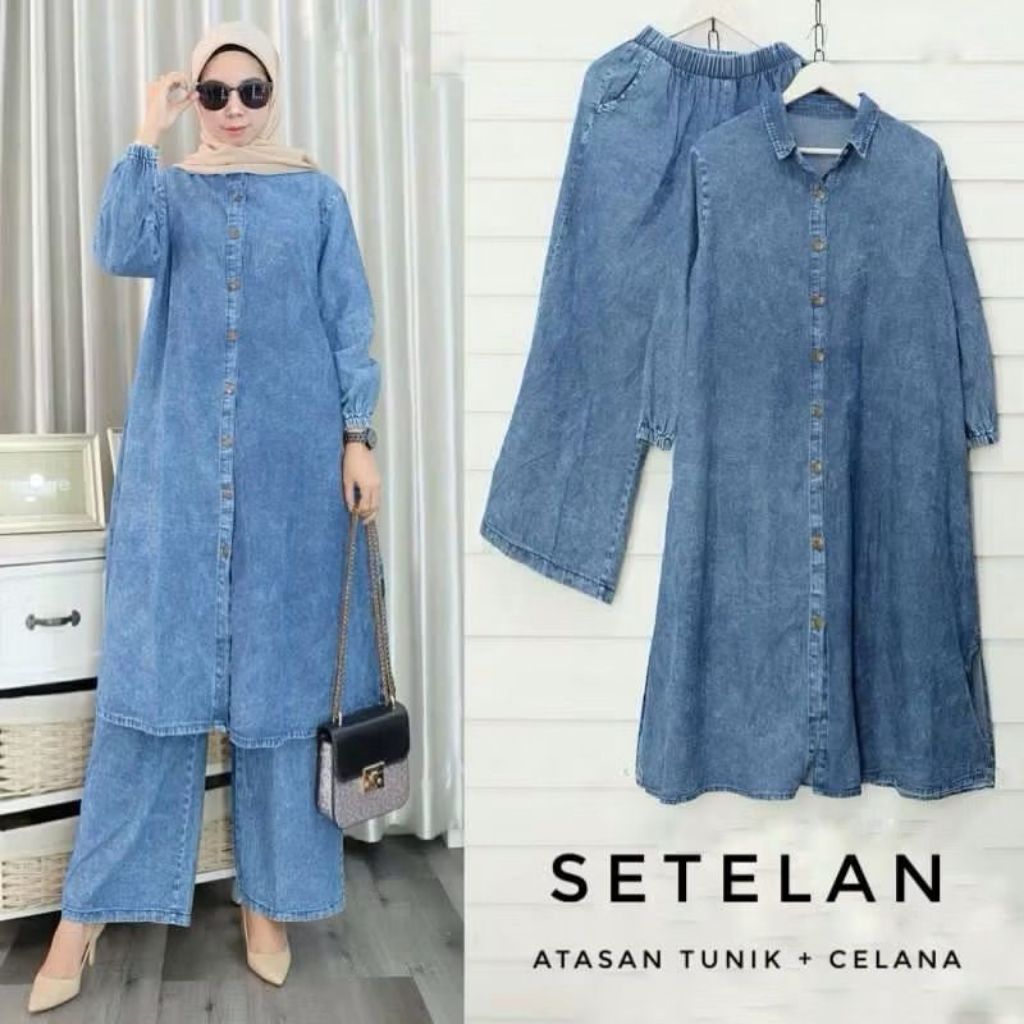 Jammie_ Setelan Jeans Wanita Tunik Panjang | Casual Elegan Atasan Tunik& Celana jeans