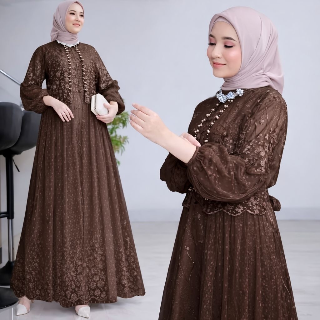 Gamis model baru kondangan elegan brukat mewah jumbo simple Rafika Dewasa Kombinasi Muslim Mutiara P
