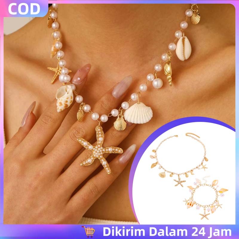 1set Kalung Kerang Mutiara Kalung Laut Gaya Bohemian Dihias Dengan Bintang Laut Gelang Kerang Laut