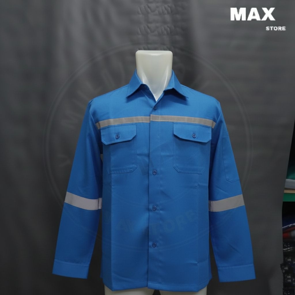 Kemeja Kerja Safety Pria Lengan Panjang Biru Muda Telor Asin / Baju Atasan Kerja Safety Proyek Murah
