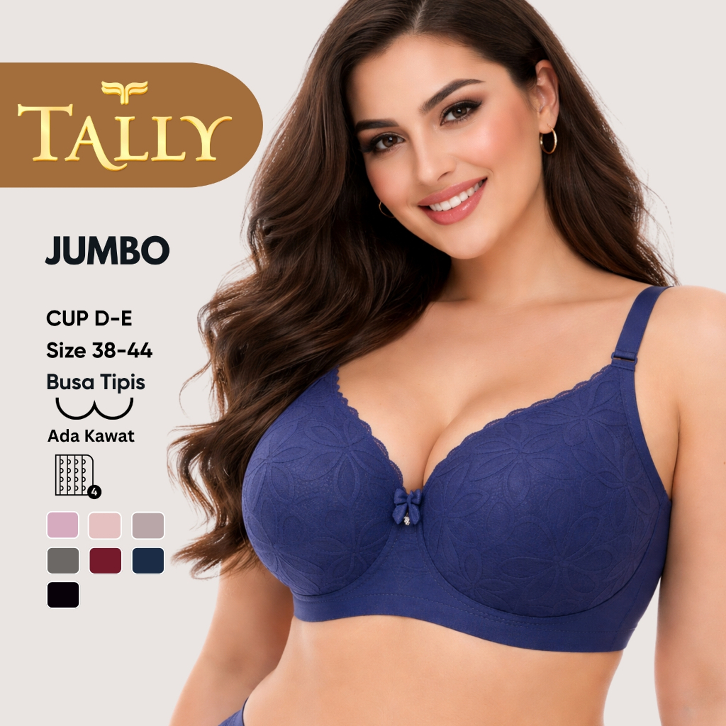 TALLY Bra Ada Kawat Busa Tipis Bahan Brokat Cup D - E Kait 4 Bra JUMBO Breathable BH 3299 Sarwendah