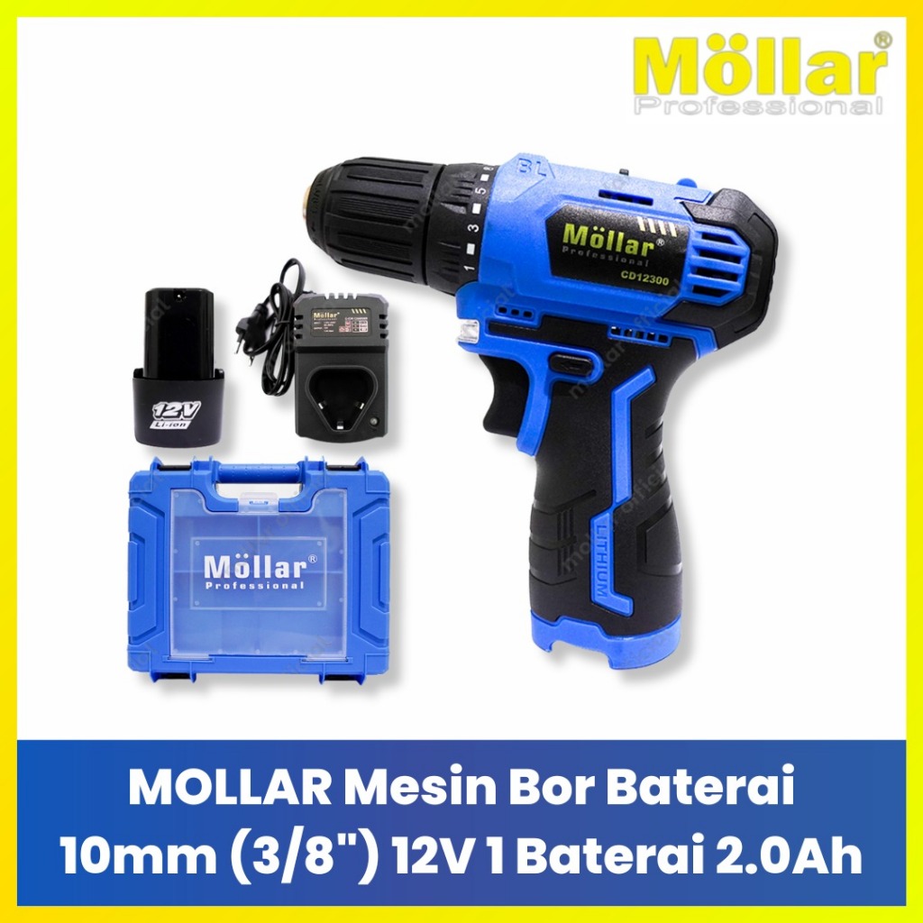 [PROMO] Mollar Cordless Drill 12V 10mm - Mesin Bor Cas Baterai 2.0 Ah Original