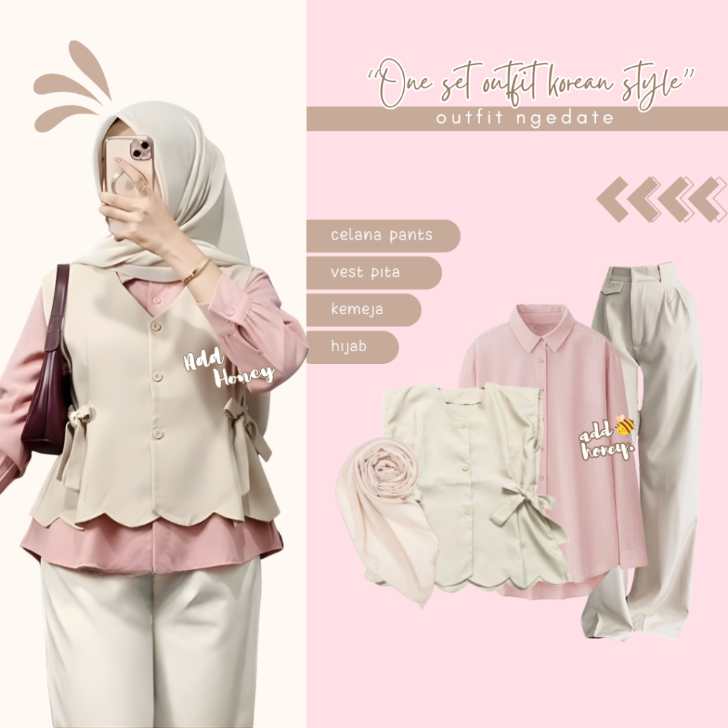 Devara One Set Vest Korea Style Hijab (Vest Kemeja Celana Hijab) Outfit Lebaran Wanita Terbaru AY11