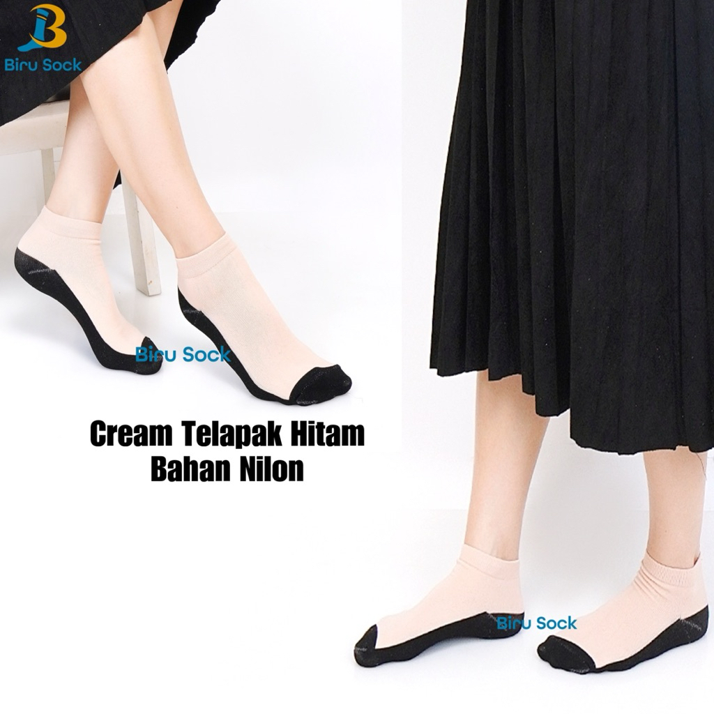 kaos Kaki Cream Telapak Hitam Pendek (3 Pasang) Kaos Kaki Wanita Mata Kaki