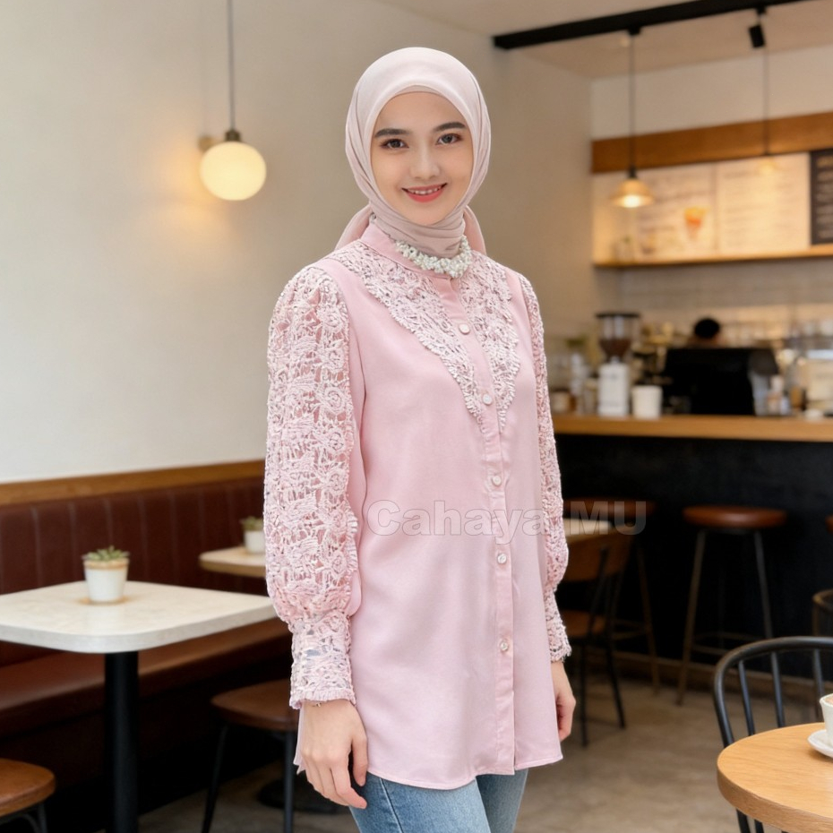 Atasan Wanita Lengan Panjang Rayon Premium/Atasan Brokat Bordir Warna Putih