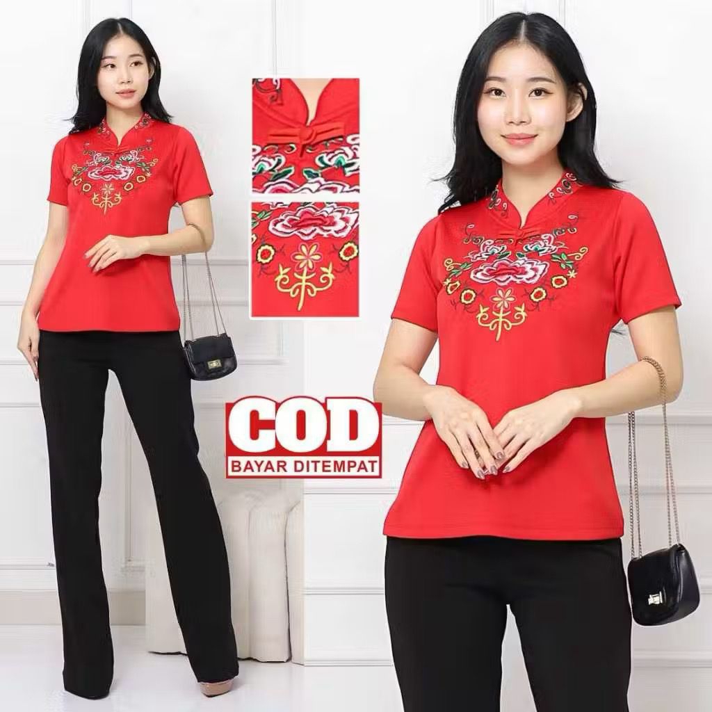 Baju atasan cheongsam wanita Shanghai Imlek merah