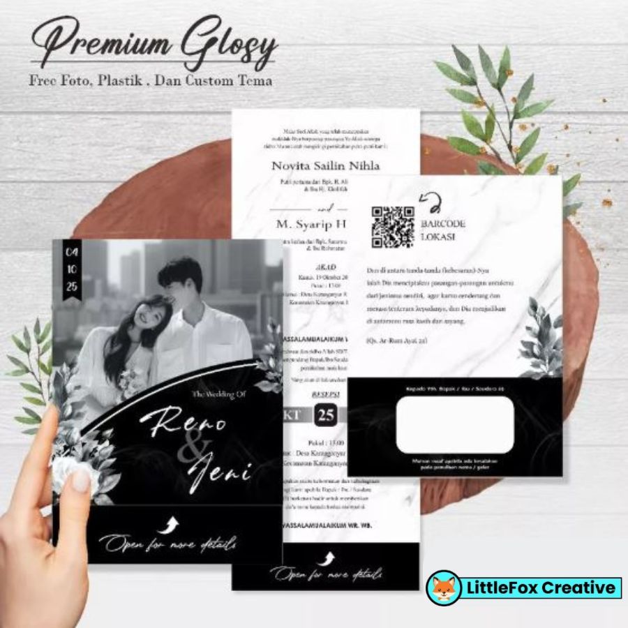 Cetak Undangan Pernikahan Bahan Glossy - Desain Elegan, Custom Foto, Borderless, Premium Paper