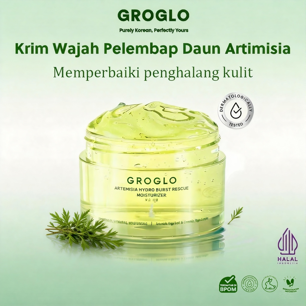 GROGLO Moisturizer Artemisia 5x Ceramide 50gr anti acne, Pelembab Wajah, Perbaiki skin barrier, mene