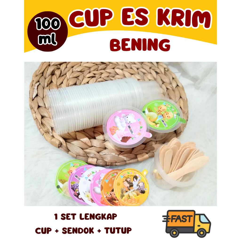 Cup Es Krim Isi 50 pcs Cup Plastik Bening Kapasitas 100 ML Cup Es Krim Lengkap Dengan Sendok