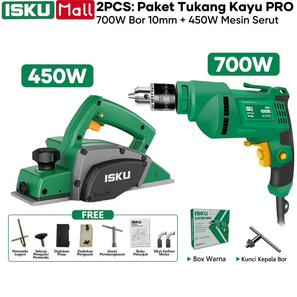 ISKU Paket Mesin Serut Kayu 450W & Bor Listrik 10mm 700W Heavy Duty Planer Sugu Ketam Pasah Woodwork