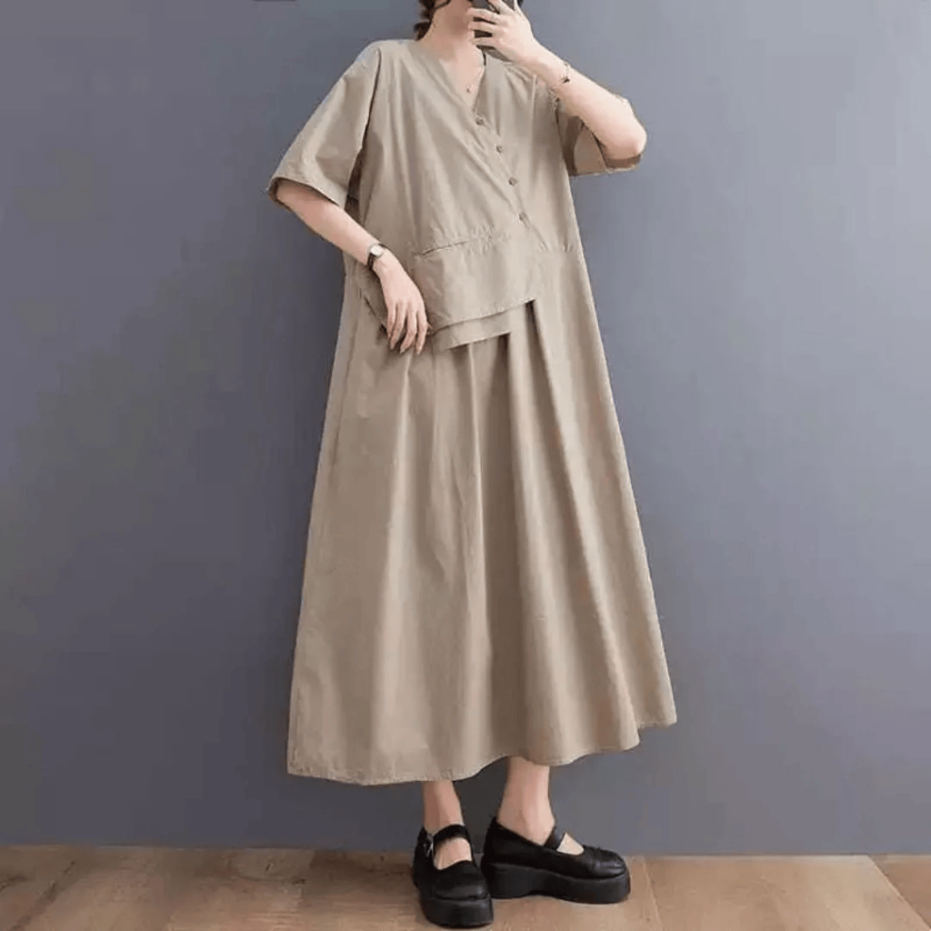 Beautyshirt~ Syifa Midi Dress Wanita Bahan Katun Linen Rami Korean Style Fashion Muslim Kekinian