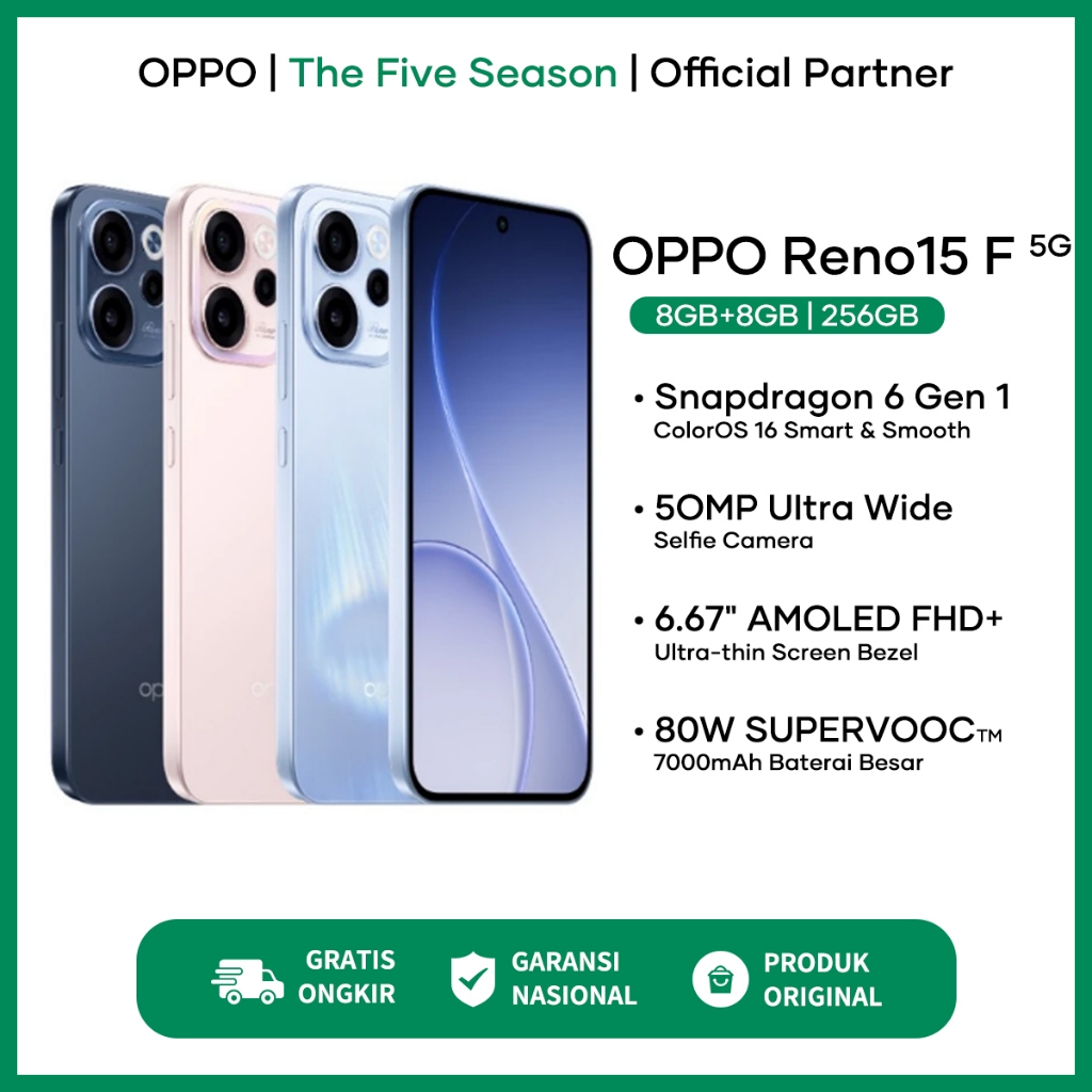 Hp OPPO Reno15 F 5G 8/128 8/256 -7000mAh Battery 80W SUPERVOOC, Al Portrait Glow, 50MP Selfie Camera