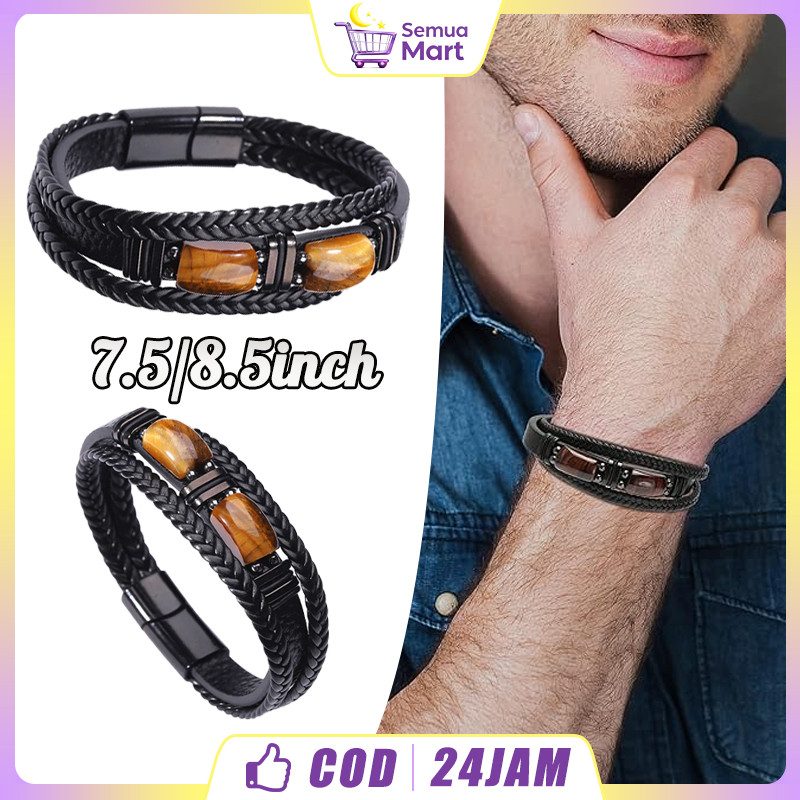 Perhiasan Gelang Pria Batu Mata Harimau Hitam Kulit Tali Kepang Multi-Lapis Titanium Keren