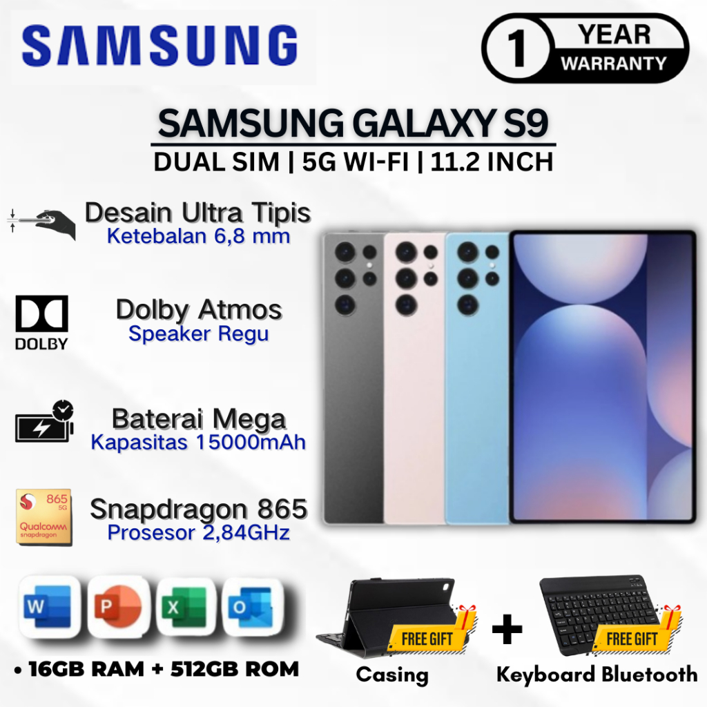 Samsung Galaxy S9 Tab 11 Inch | 5G/4G LTE | 16GB RAM 512GB ROM | Dual SIM | Android Tablet | Garansi