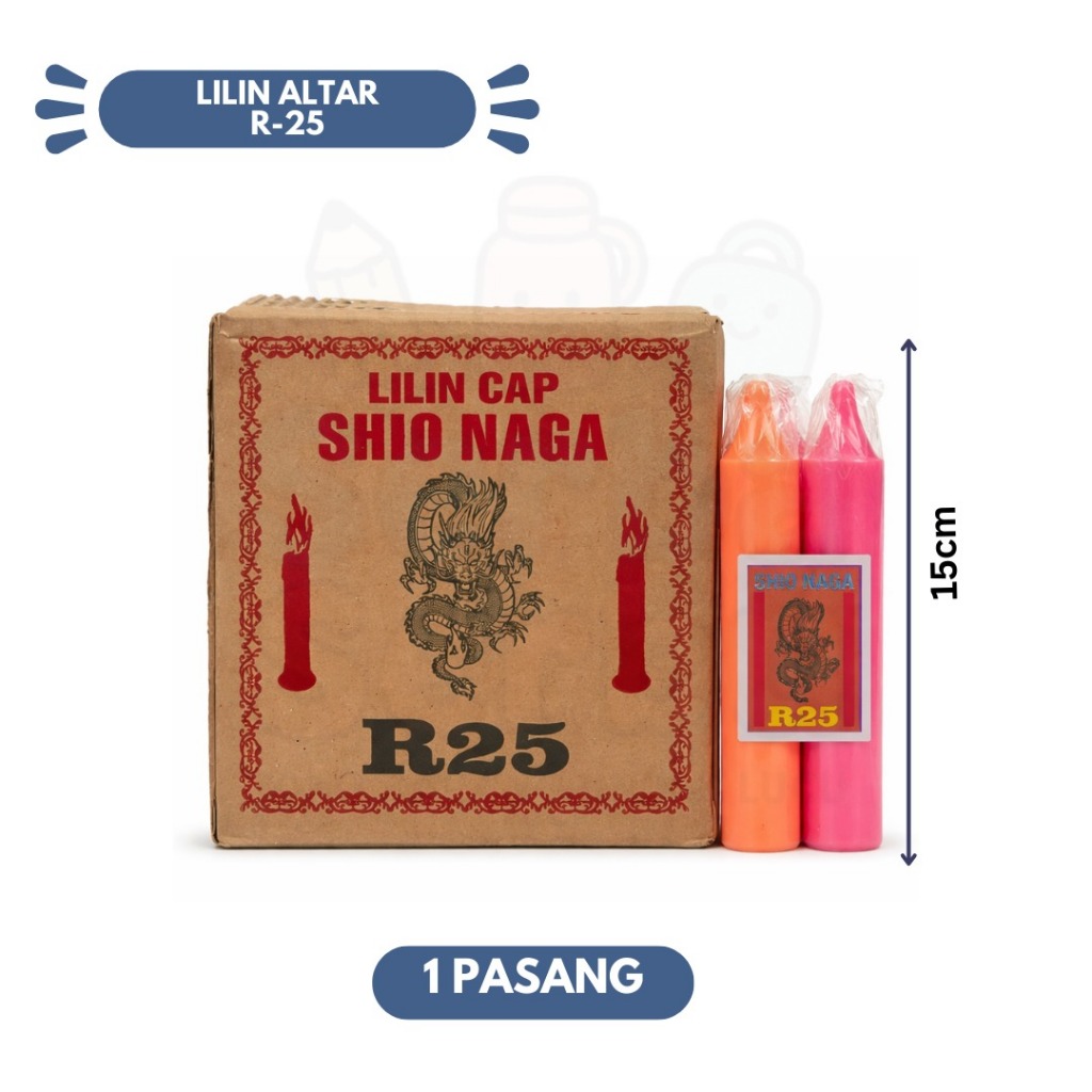 Lilin Altar R-25 Shio Naga 1 Pasang (2 Pcs) 15cm Tutup Plastik, Cahaya Stabil untuk Doa & Sembahyang