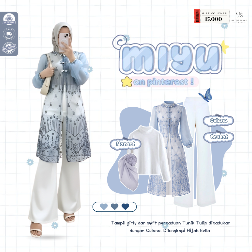 One Set Outfit Lebaran 4in1 Inner Manset Tunik Brukat Celana Cutbray