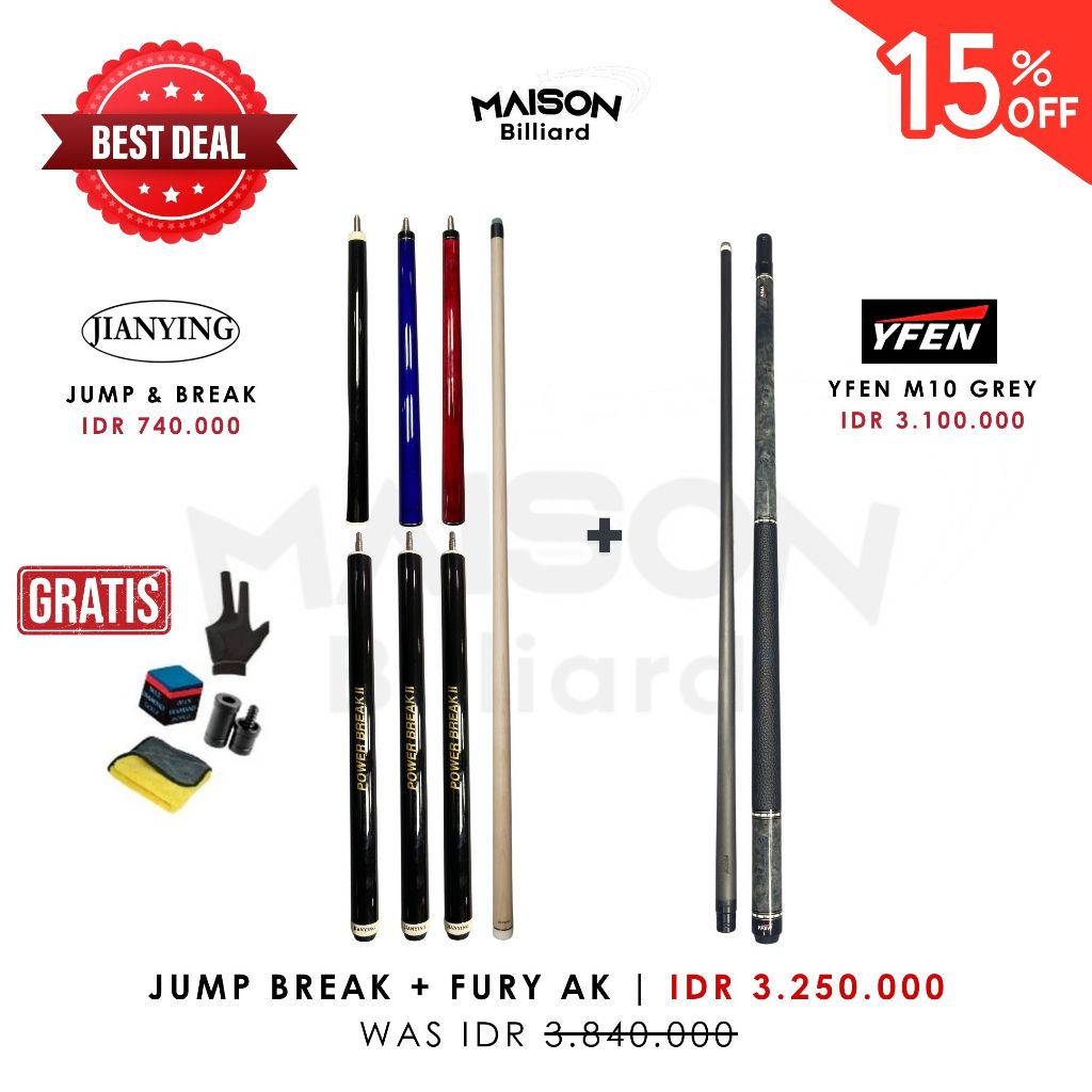 [BEST DEAL] Jianying Jump Break + YFEN M10 Grey Stick Play Billiard Cue Ball Free Aksesoris